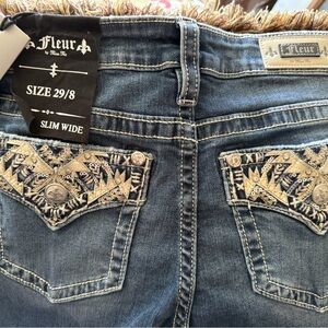 Women's Blue Embroidered Wide Leg Jeans